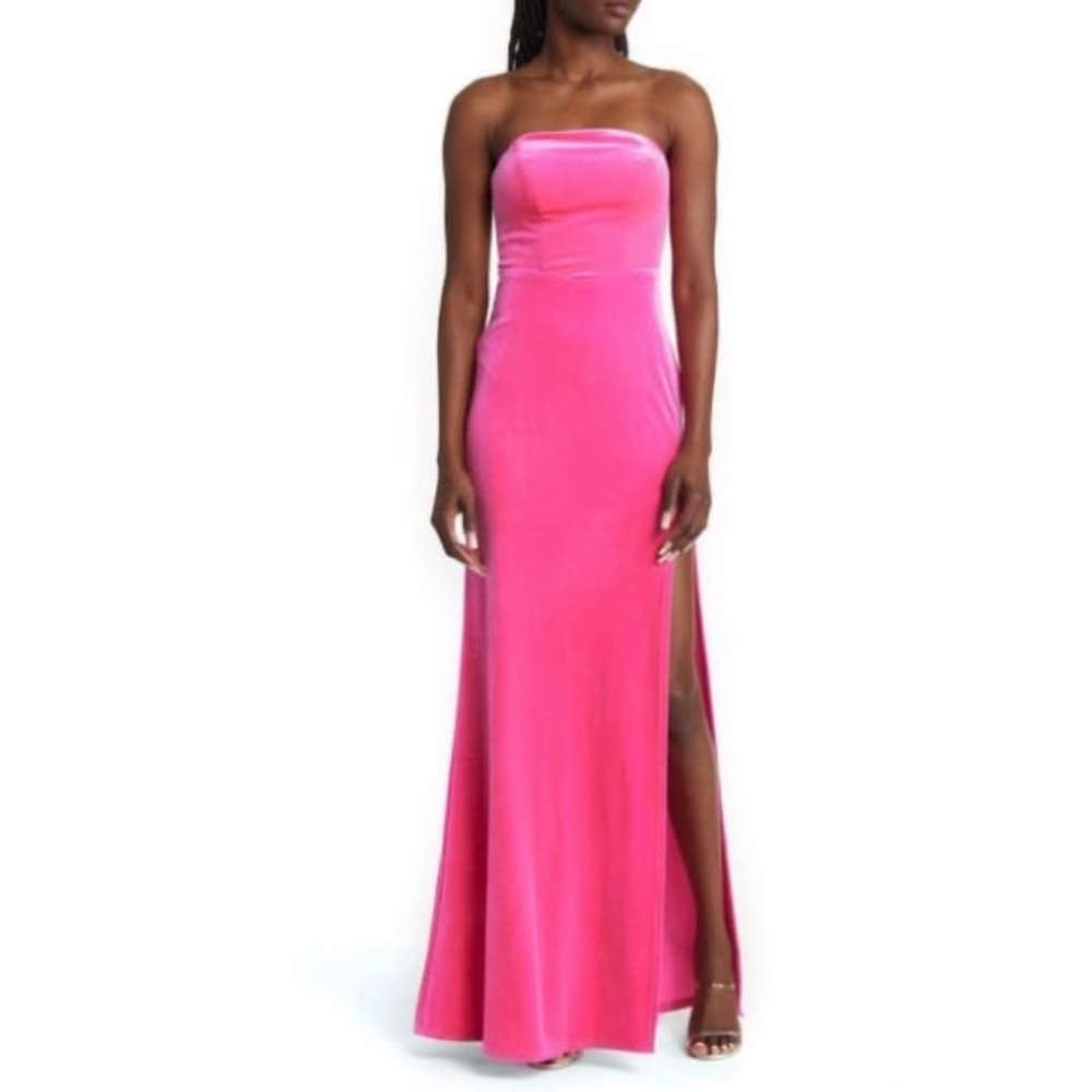next Strapless Bright Pink Velvet Evening Dress with Side Slit